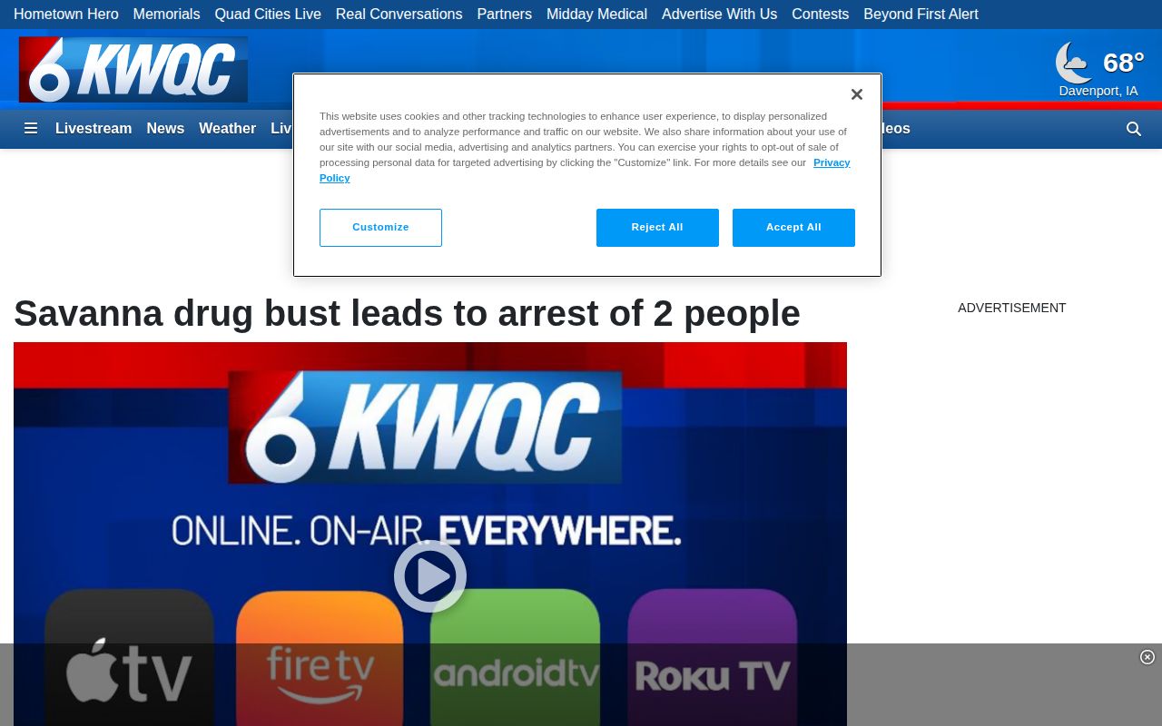 Carroll County KWQC Savanna crime report showing event-driven arrest news coverage