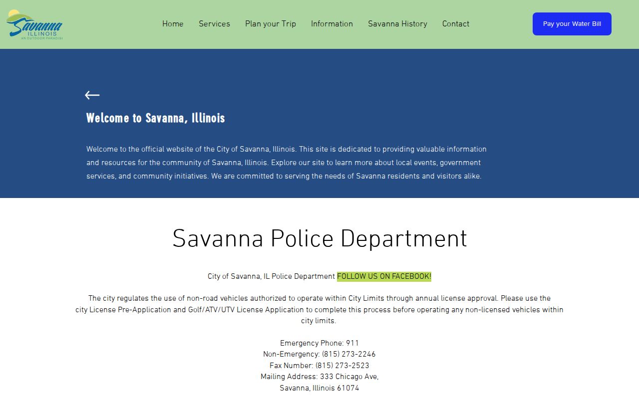 Carroll County Savanna Police Department page for city arrest record access